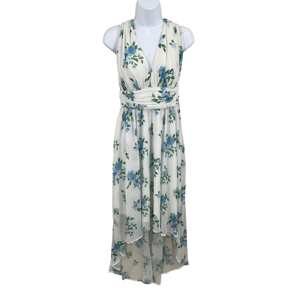 Disney Princess‎ High Low Dress Women M White Chiffon Blue Floral V-Neck Gown